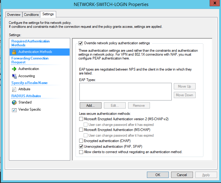 NPS connection request policy — authentication