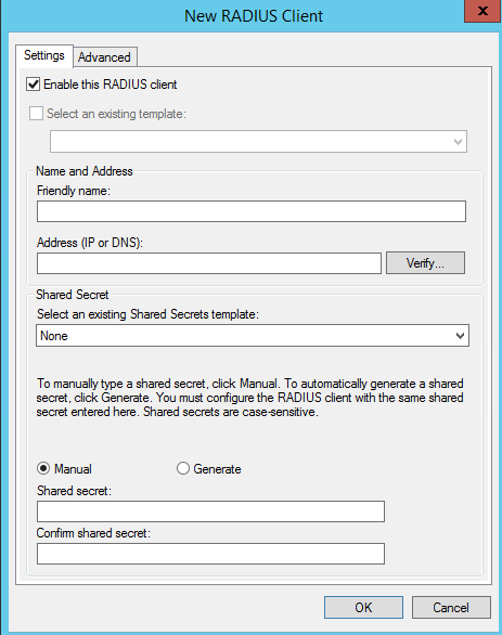 NPS RADIUS client — add switch IP and match shared secret
