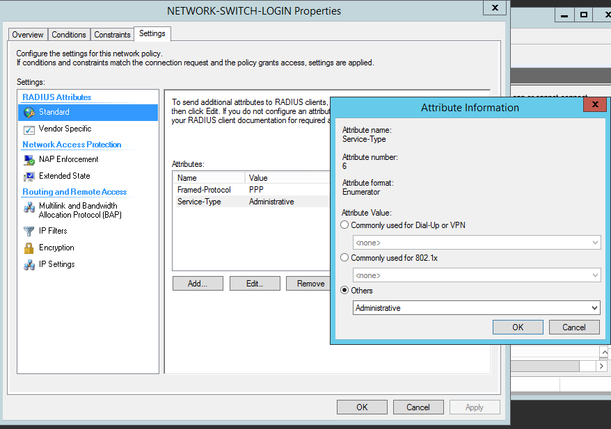 NPS vendor-specific attribute return for privilege level